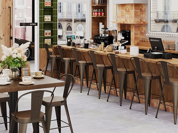 Andeworld Metal Bar Stools Set of 4, 24 inch Counter Height Barstools with Backs Farmhouse Modern High Back Bar Stools with Larger Seat Kitchen Dining Bar Chairs,Rusty