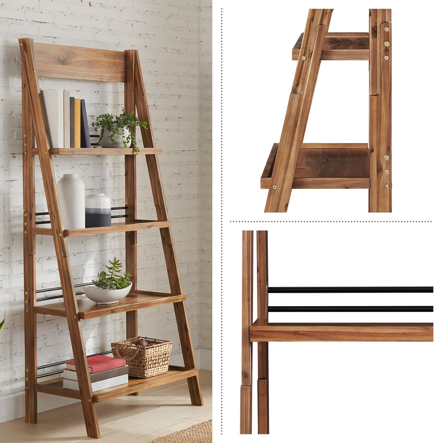 4-Tier Ladder Bookshelf - Freestanding Bookcase with X-Back Frame - Shelves for Living Room, Kitchen, Bedroom, and Office by Lavish Home (Walnut)