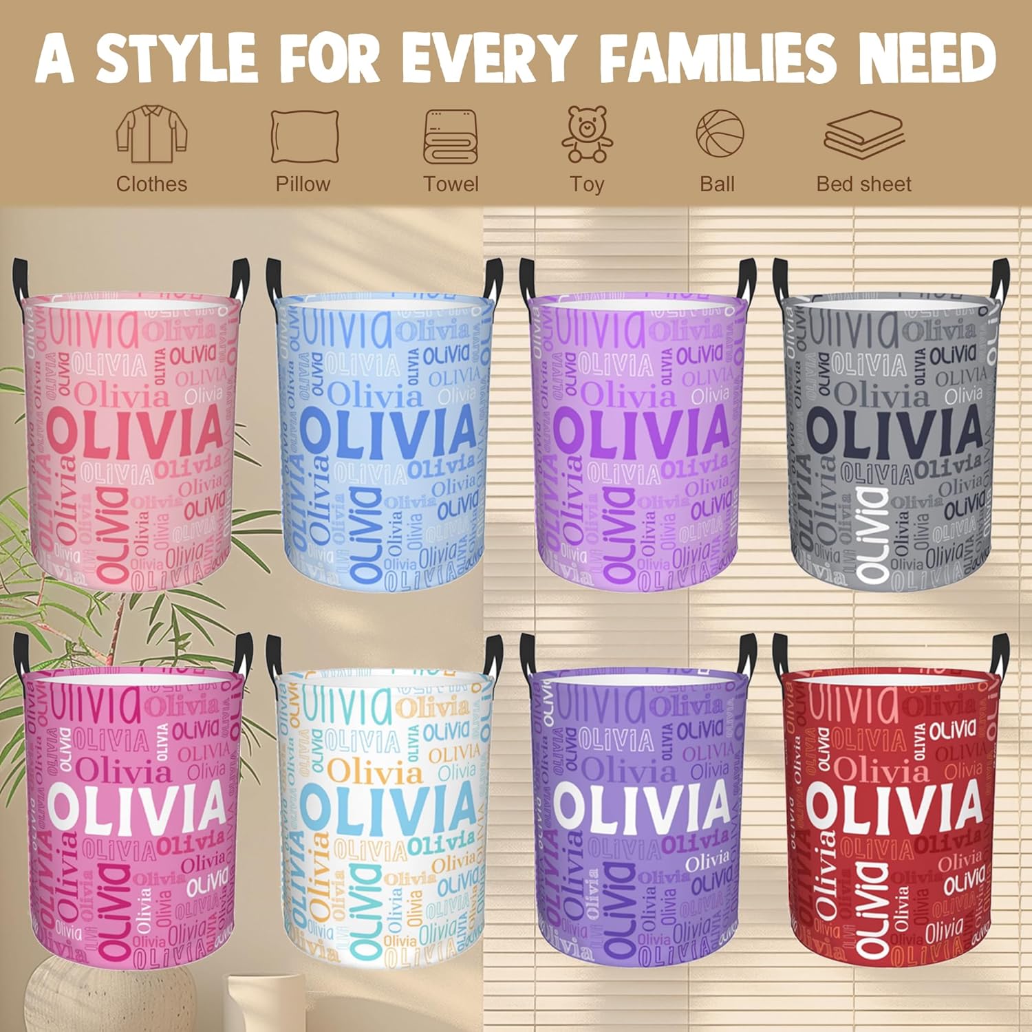 Custom Name Laundry Hamper, Personalized Laundry Basket with Name for Boys Girls Men Women Kids, Customized Name Dirty Clothes Basket Gifts for Clothes Toy Bedroom Bathroom Laundry Room Dorm