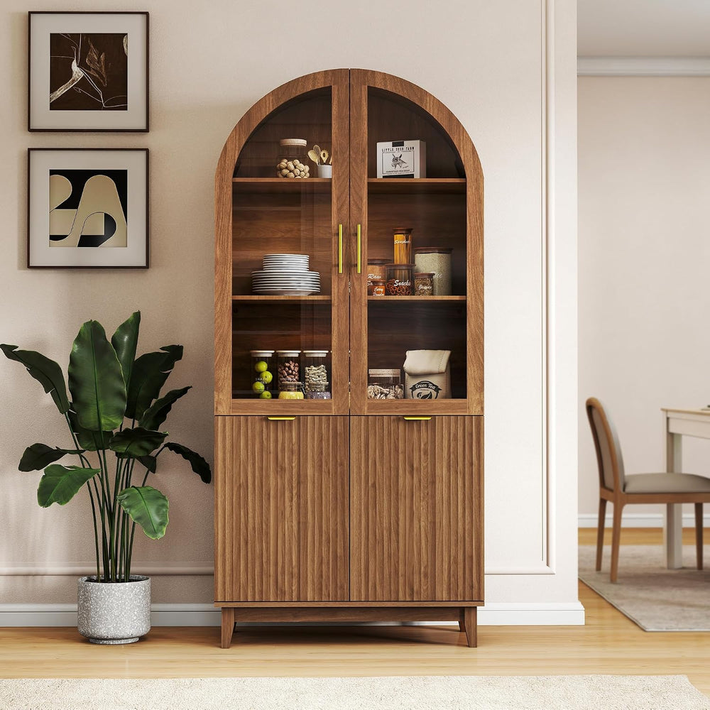 Pamapic 71" Tall Arched Cabinet, Fluted Kitchen Pantry with Glass Doors ...