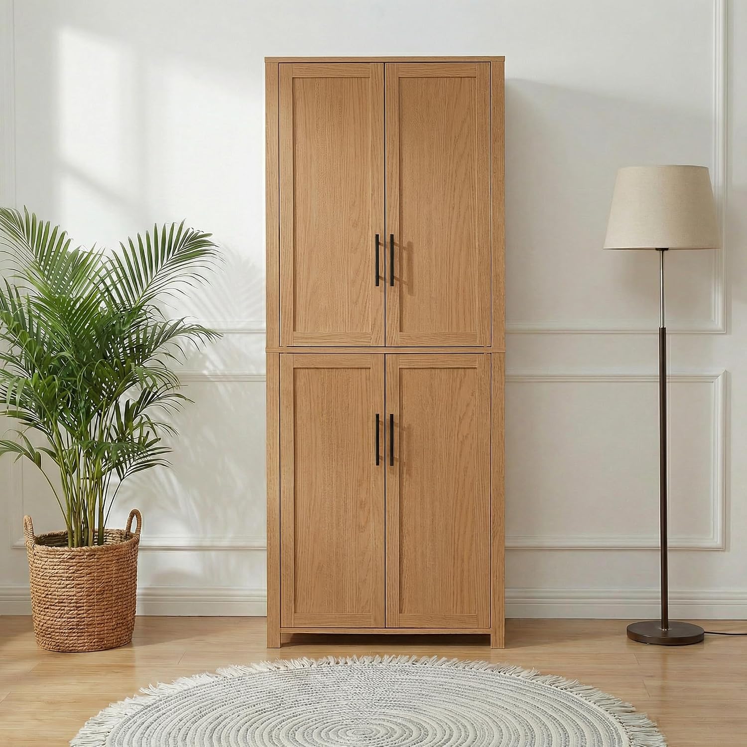 67" Tall Kitchen Pantry Cabinet, 28" W Storage Cabinet for Kitchen | 67" x 28" x 15" size, 4 adjustable shelves, engineered wood, anti-tip compatible, Shaker doors, Oak