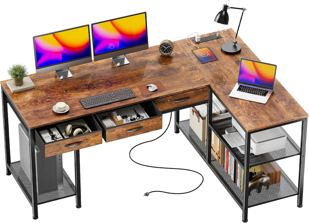 PRAISUN 55 Inch L Shaped Office Desk with Power Outlets and Type-C Port, Larg...