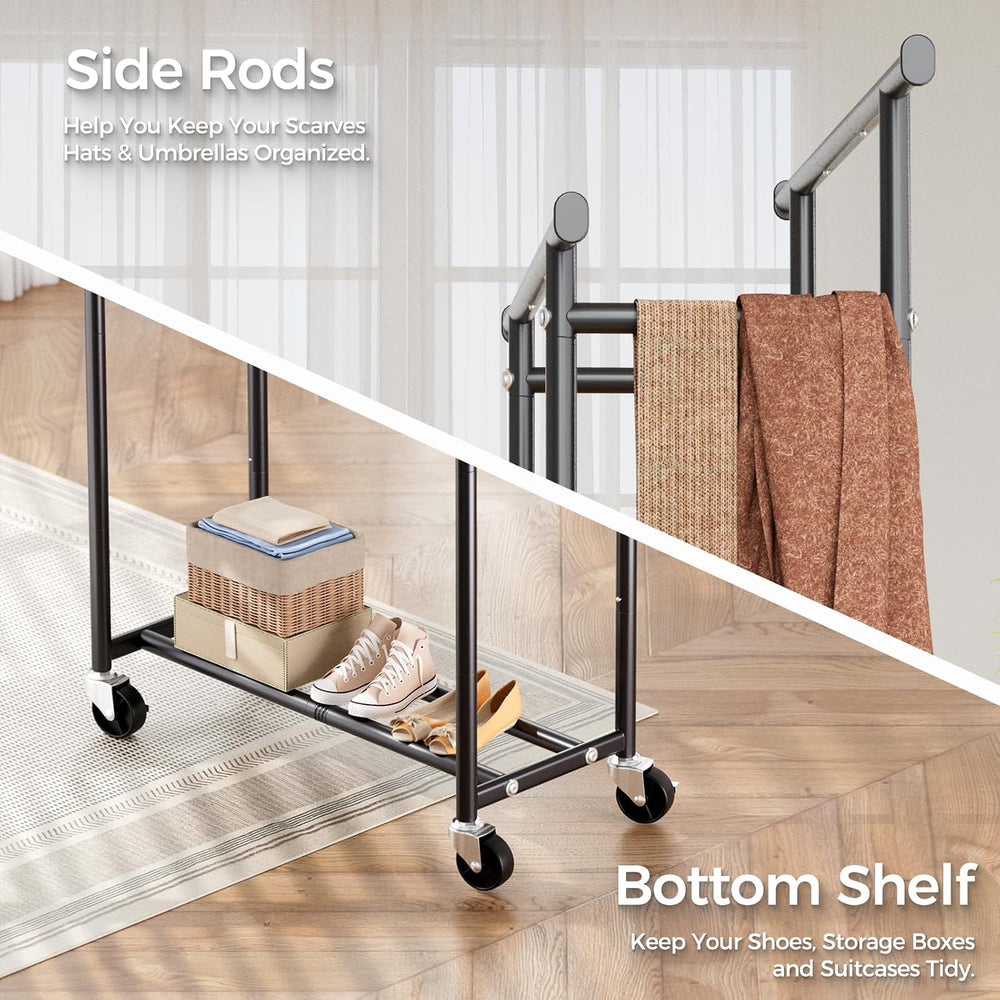 HYSEYY Clothes Rack, Double Rods Rolling Clothing Rack for Hanging Clothes, P...