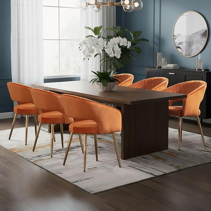 Orange Velvet Dining Chairs Gold Legs, Modern Dining Room Chairs with Arms Set of 6 Upholstered Accent Chair Armchair with Barrel Back for Kitchen Living Room