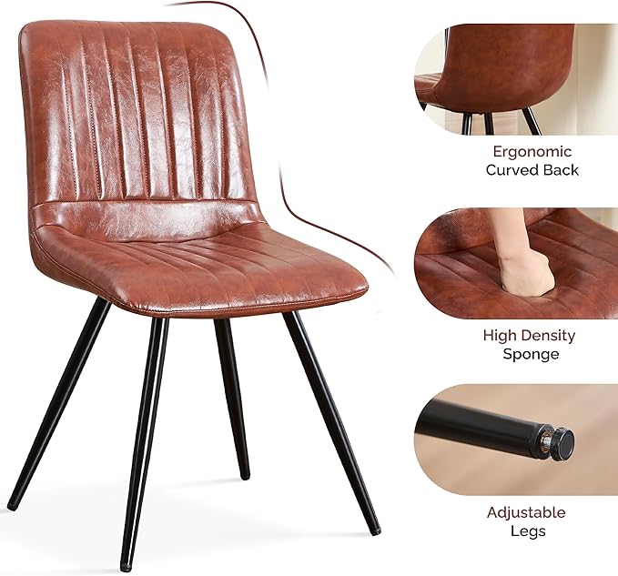Dining Chairs Set of 4, Modern Dining Chairs with Thick Cushions, PU Leather Upholstered Kitchen Dining Room Chairs with Metal Legs for Dining Living Room (Reddish Brown)