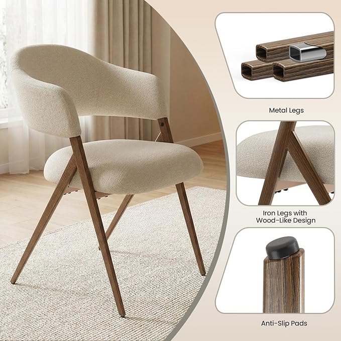 Dining Room Chairs Set of 4, Upholstered Dining Room Chairs, Mid Century Fabric Kitchen Chairs with Curved Backrest and Metal Legs, Beige