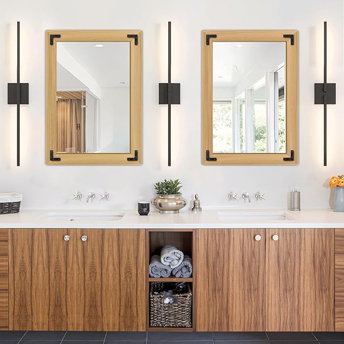 Bathroom Mirror for Wall with Wooden Frame, 20"x28" Solid Wood Vanity Mirror for Farmhouse, Bathroom, Bedroom, Vertical or Horizontal Hanging(Natural)