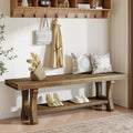Solid Wood Storage Bench, Farmhouse Entryway Bench, Long Indoor Dining Seat for Hallway, Bedroom, Living Room, Dining Room, Easy Assembly, Dark Brown