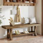 Solid Wood Storage Bench, Farmhouse Entryway Bench, Long Indoor Dining Seat for Hallway, Bedroom, Living Room, Dining Room, Easy Assembly, Dark Brown