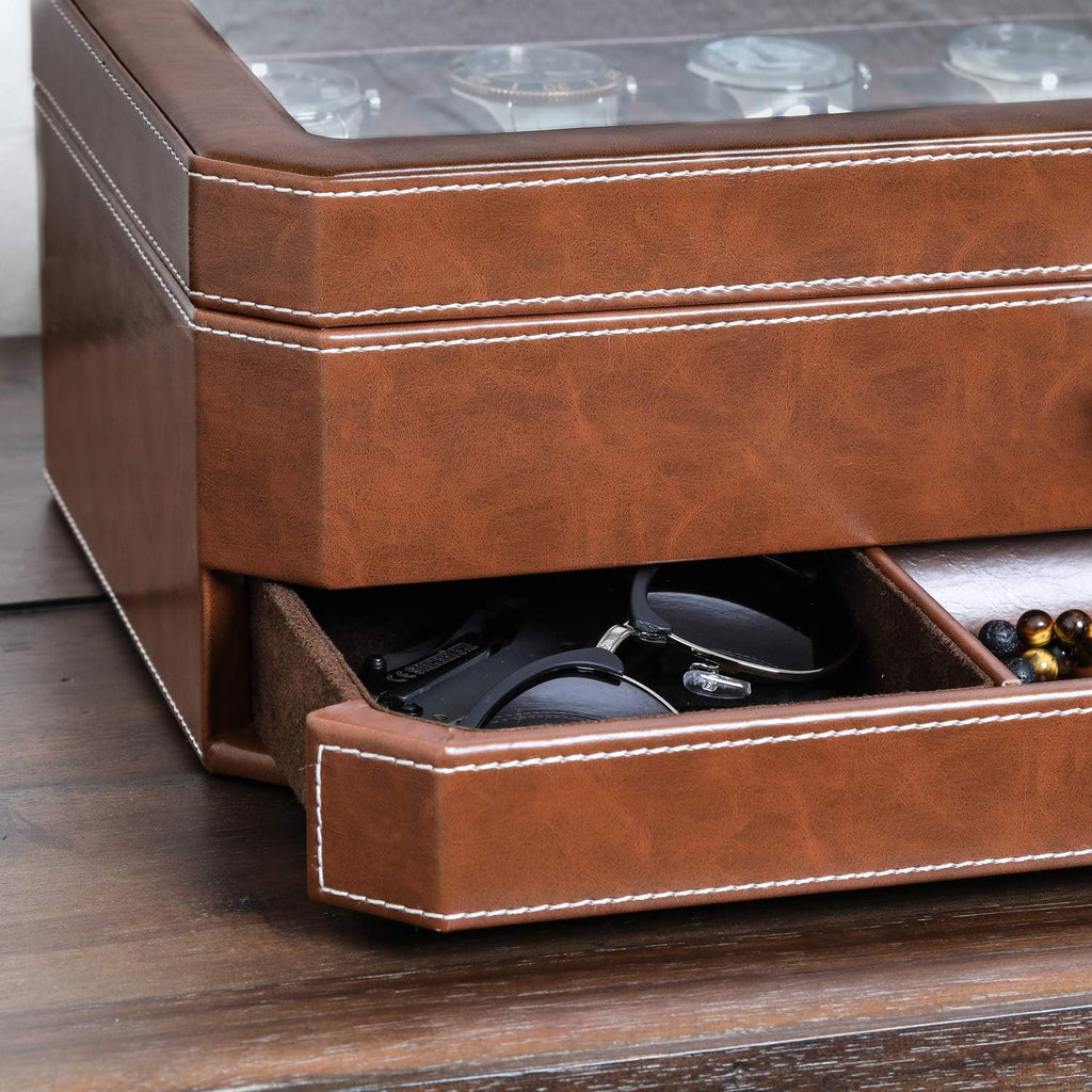 ROTHWELL 12 Slot Leather Watch Box with Valet Drawer - 12 Slot Luxury Watch Case Display Organizer, Microsuede Liner, Mens Accessories Holder, Jewelry Case, Jewelry Display Organizer (Tan/Brown)