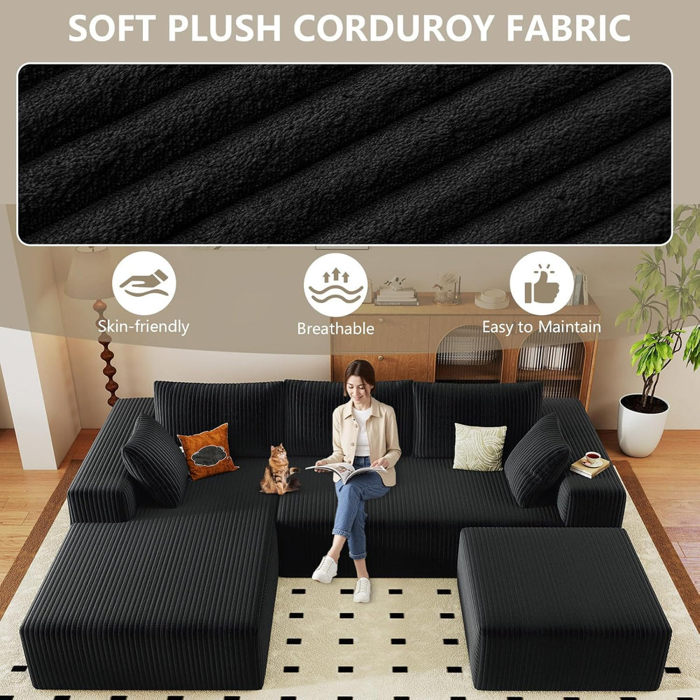 96" Cloud Sectional Couch with U-Shaped Chaise, Corduroy Sectional Sofa ...