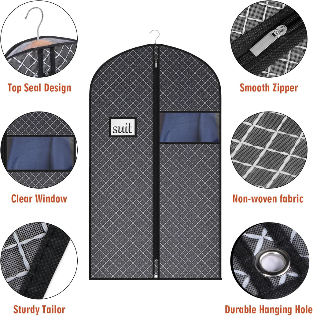Univivi Suit Bags for Closet Storage and Travel, 40 Inch, 5 Pack, Black | Non-woven fabric, Breathable Suit Cover, Dustproof Hanging Storage Bag, Clear Window and ID Card Holder for Closet Storage