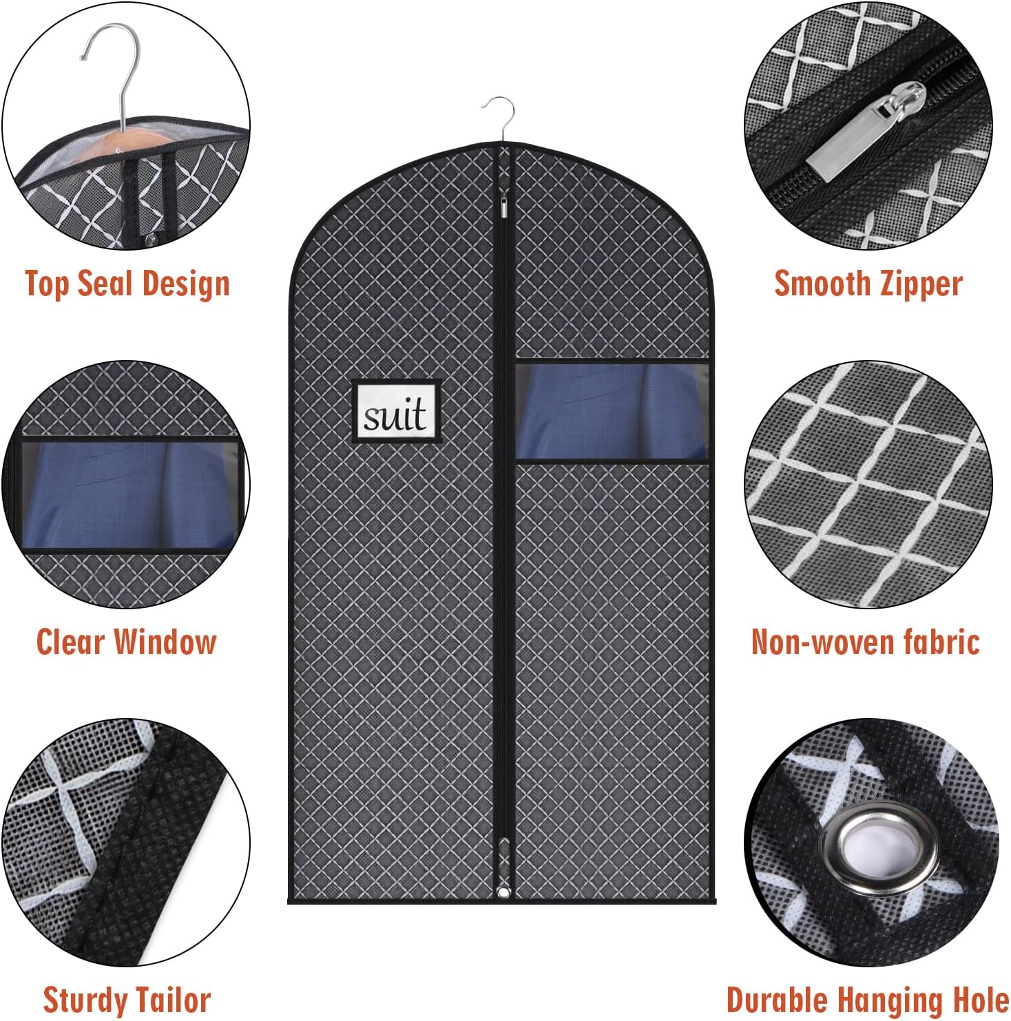 Univivi Suit Bags for Closet Storage and Travel, 40 Inch, 5 Pack, Black | Non-woven fabric, Breathable Suit Cover, Dustproof Hanging Storage Bag, Clear Window and ID Card Holder for Closet Storage