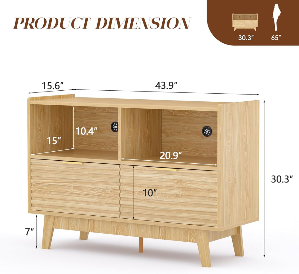 Fluted Buffet Sideboard Oak, Modern Storage Cabinet w/Cord Cutout, Accent Cab...
