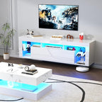 63" Floating High Gloss LED TV Stand for 75" TVs, Wall-Mounted Entertainment Center, Modern Media Console with Open Adjustable Glass Shelf and Hidden Storage Cabinet, White