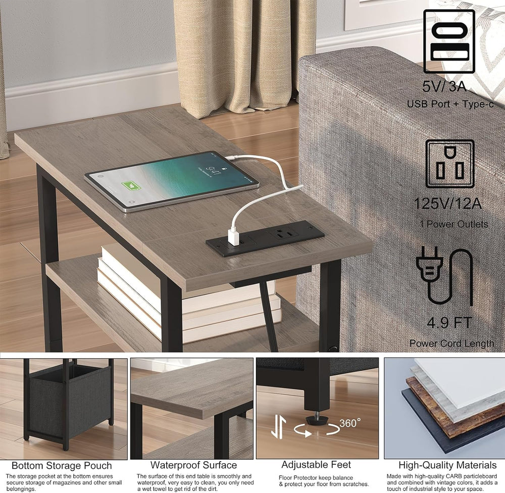 sthmec Narrow Side Table with Charging Station Set of 2, Small End Table for ...