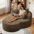 Oversized Round Chaise Longue Chair with Ottoman, Modern Corduroy Deep Seat Circle Single Cloud Boneless Floor Accent Chair w/Cup Holders for Living Room, Bedroom Apartment, 55" W * 74.6" D, Brown