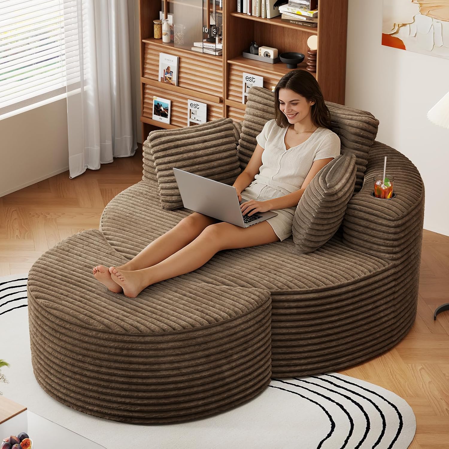 Oversized Round Chaise Longue Chair with Ottoman, Modern Corduroy Deep Seat Circle Single Cloud Boneless Floor Accent Chair w/Cup Holders for Living Room, Bedroom Apartment, 55" W * 74.6" D, Brown