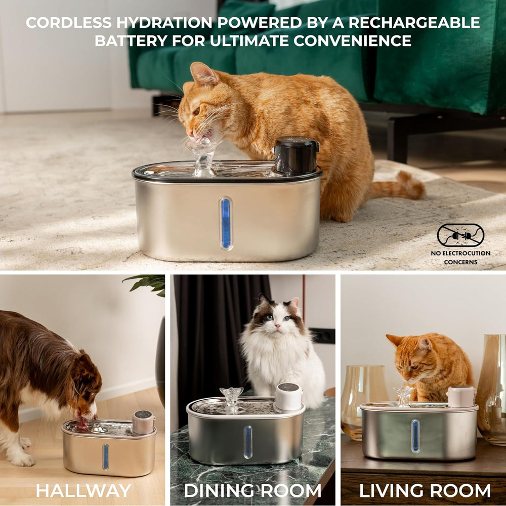 Wireless Cat Water Fountain Stainless Steel 108oz/3.2L, Cordless, Battery Ope...
