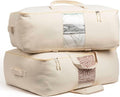 Soft Canvas Storage Bags with Zipper. Thick Breathable, 2pc King/Queen Comforter Organizer. Four Carrying Handles and Window. Large 25x19x9in Bag for Sheets Blankets Bedding Pillows, Clothes