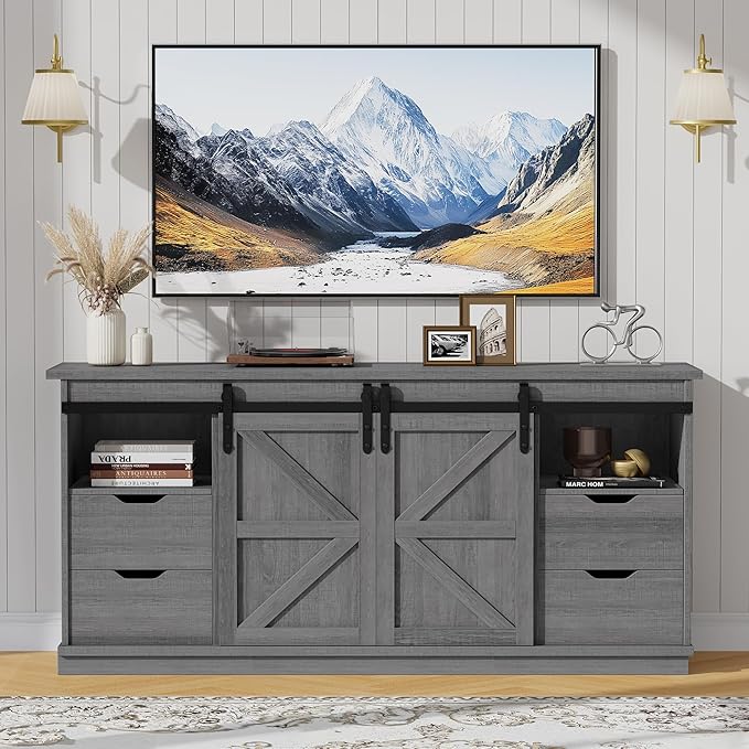 JUMMICO TV Stand with 4 Drawers for 65 Inch TV, Farmhouse Entertainment Center with Storage and Sliding Barn Doors, Rustic Media TV Console Cabinet with Shelves for Living Room Bedroom (Pale Gray)