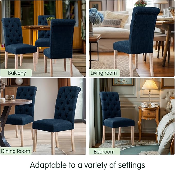 CHUN YI Dining Chairs Set of 2, Button Tufted Upholstered Fabric Dining Room Chairs with Solid Wood Legs and Curved Back, Parsons Side Chairs for Kitchen, Navy