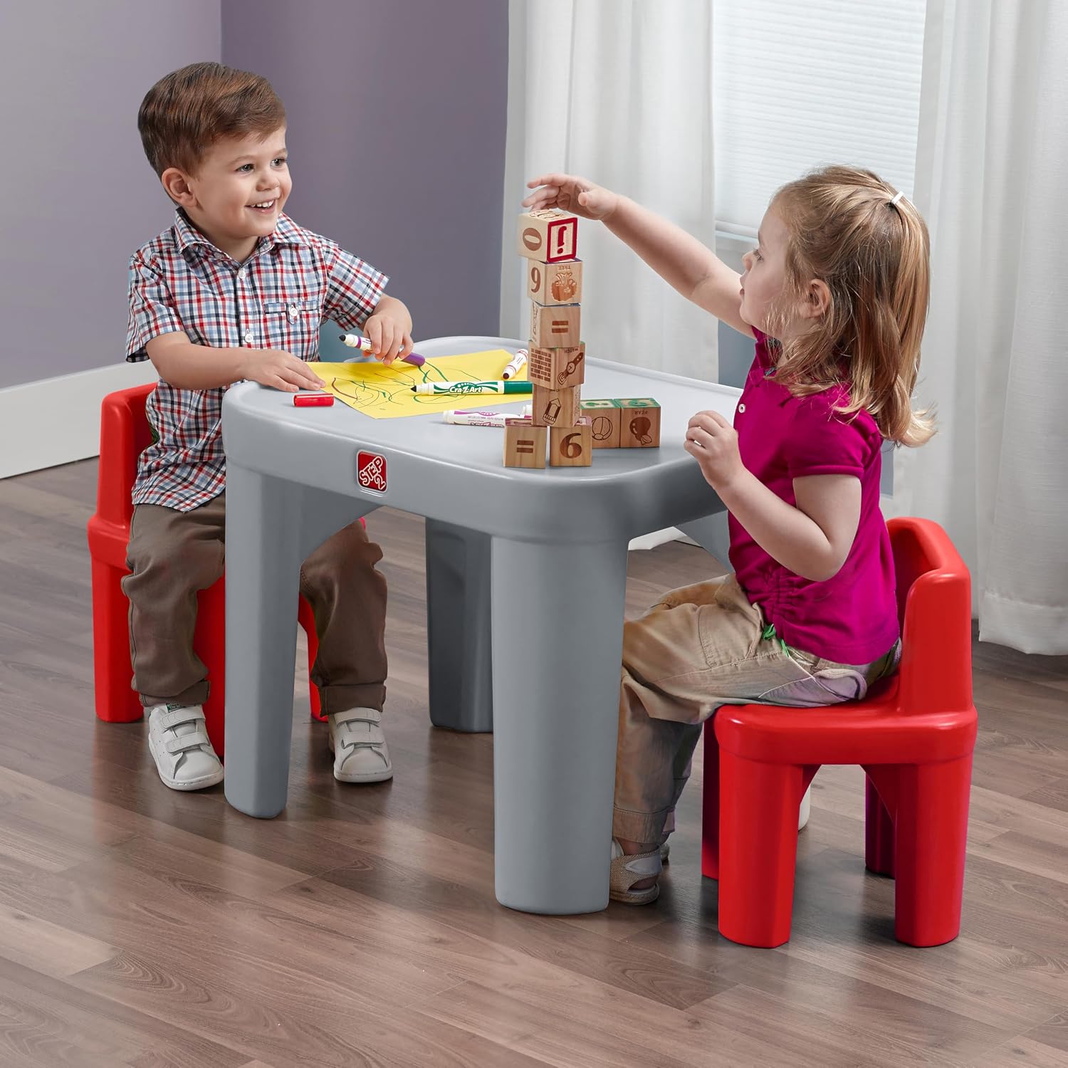 Step2 Mighty My Size Kids Table & Chair Set, Playroom Activity Table for Arts & Crafts, Made of Durable Plastic, For Toddlers 2+ Years Old, Gray & Red