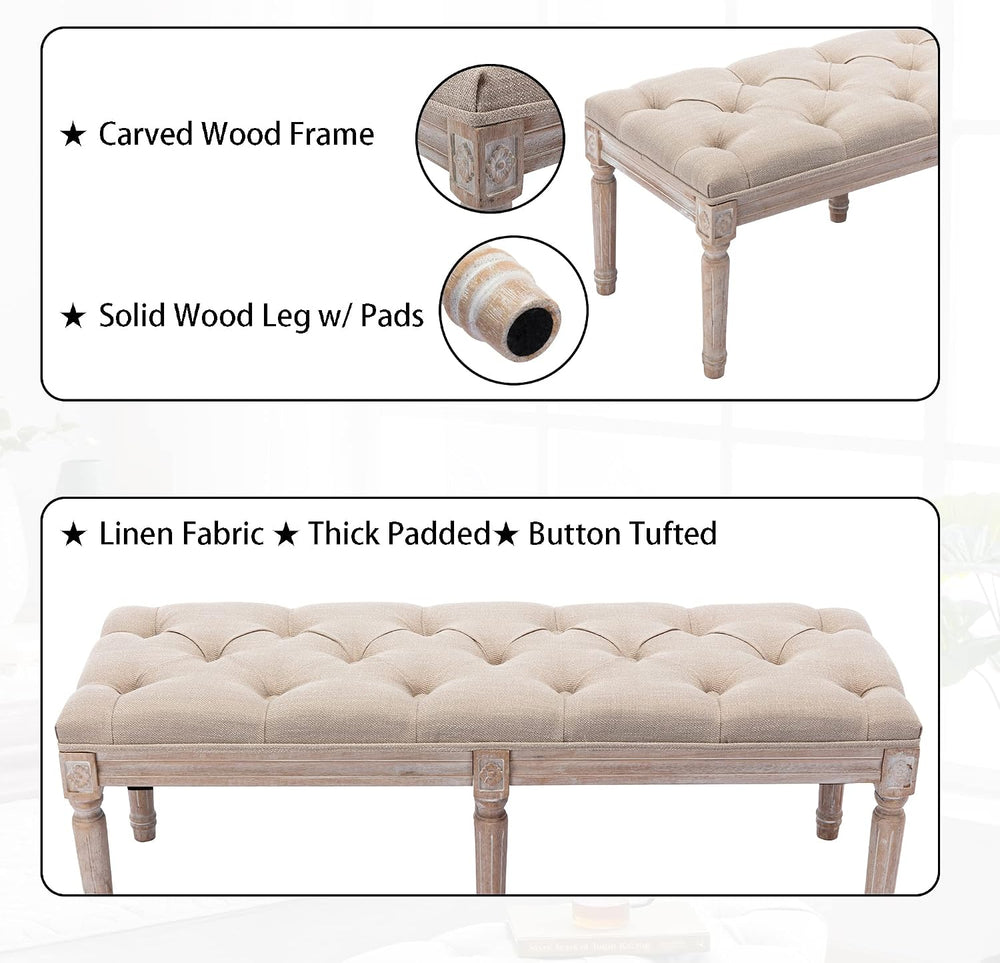 Tufted Dining Bench French Vintage Fabric Upholstered Wood Dining Room Bench ...