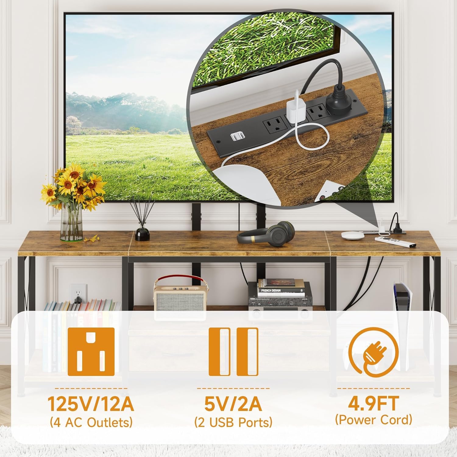 GYIIYUO LED TV Stand with Mount and Power Outlet & Fabric Drawers for 32-85 Inches TV - Entertainment Center and Corner Tv Stand for Living Room, Bedroom- 47" Rustic Brown (Max VESA 600mm × 400mm | with Mount