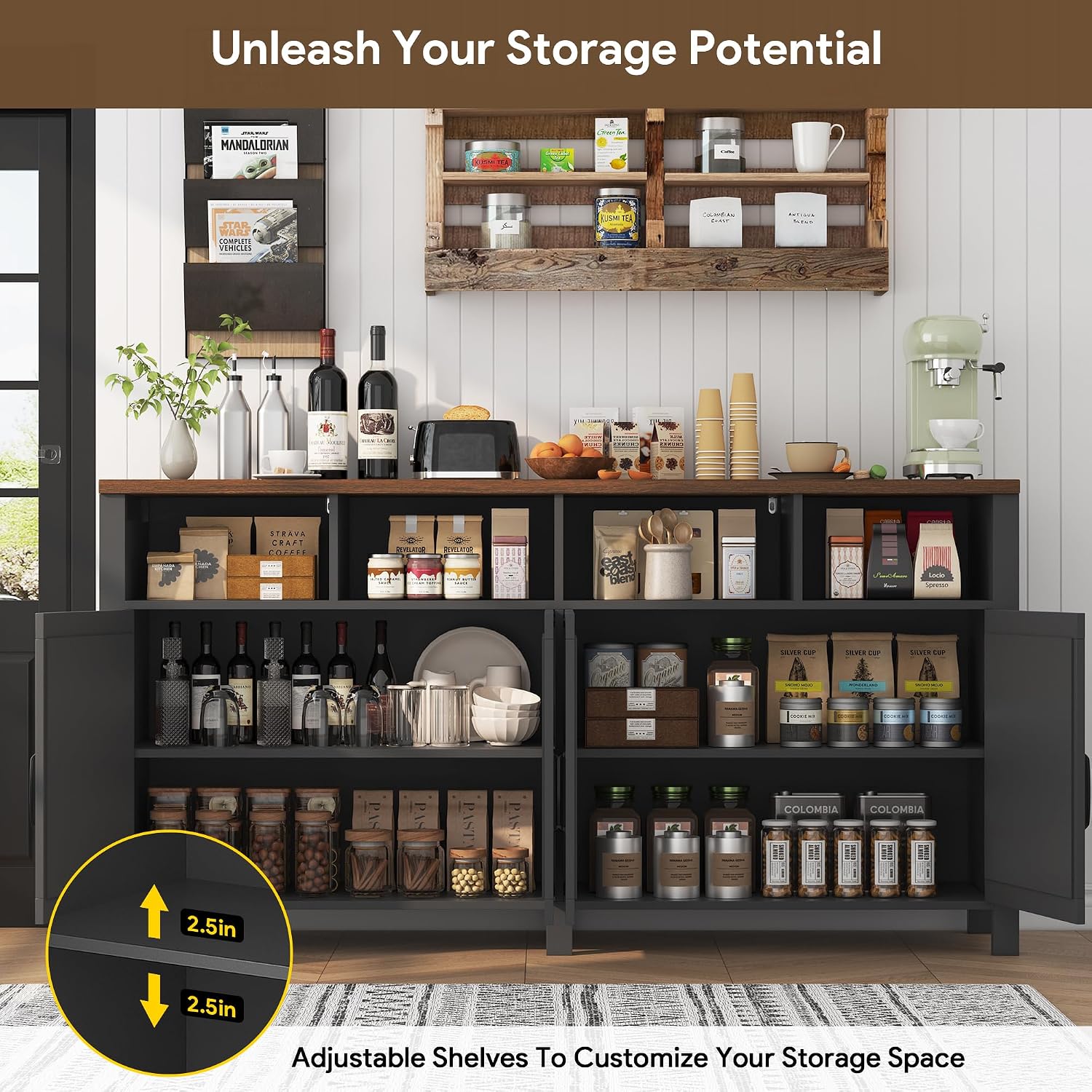 knoworld Buffet Sideboard with Storage, 63'' Large Kitchen Storage Cabinet Wood Coffee Bar Cabinet Buffet Table 4 Doors with Shelves for Kitchen, Dining Room, Entryway, Black, 63in