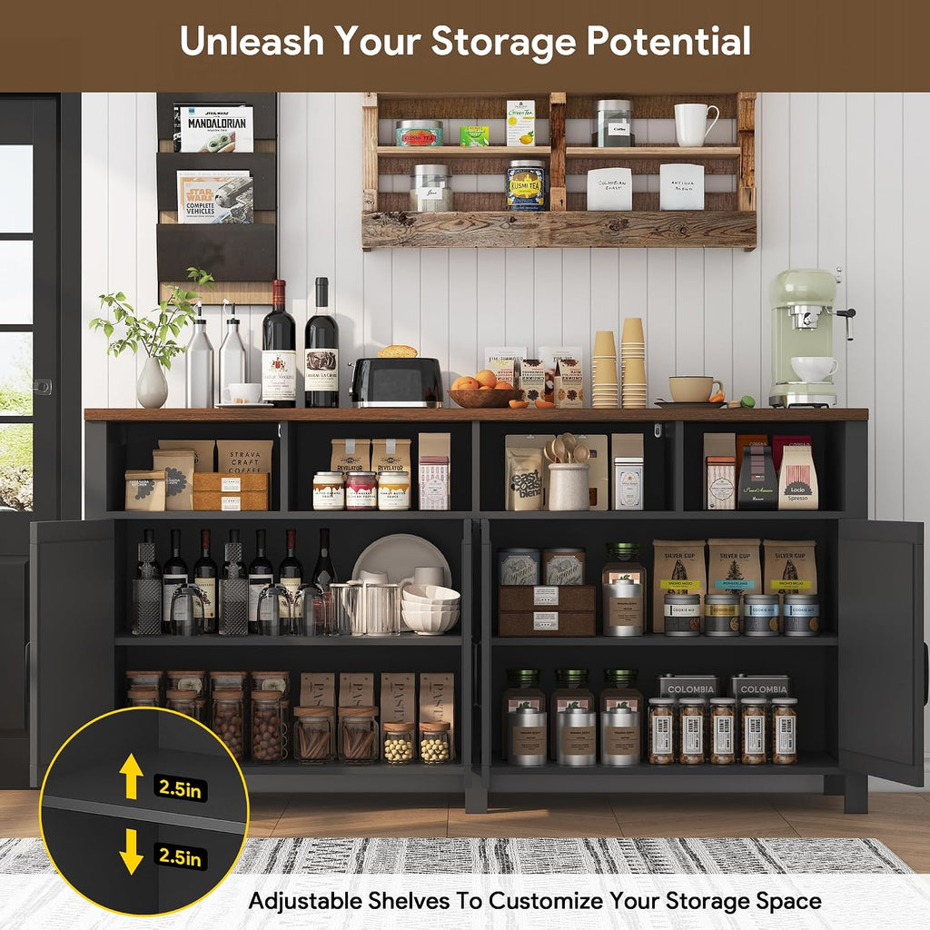 knoworld Buffet Sideboard with Storage, 63'' Large Kitchen Storage Cabinet Wood Coffee Bar Cabinet Buffet Table 4 Doors with Shelves for Kitchen, Dining Room, Entryway, Black, 63in
