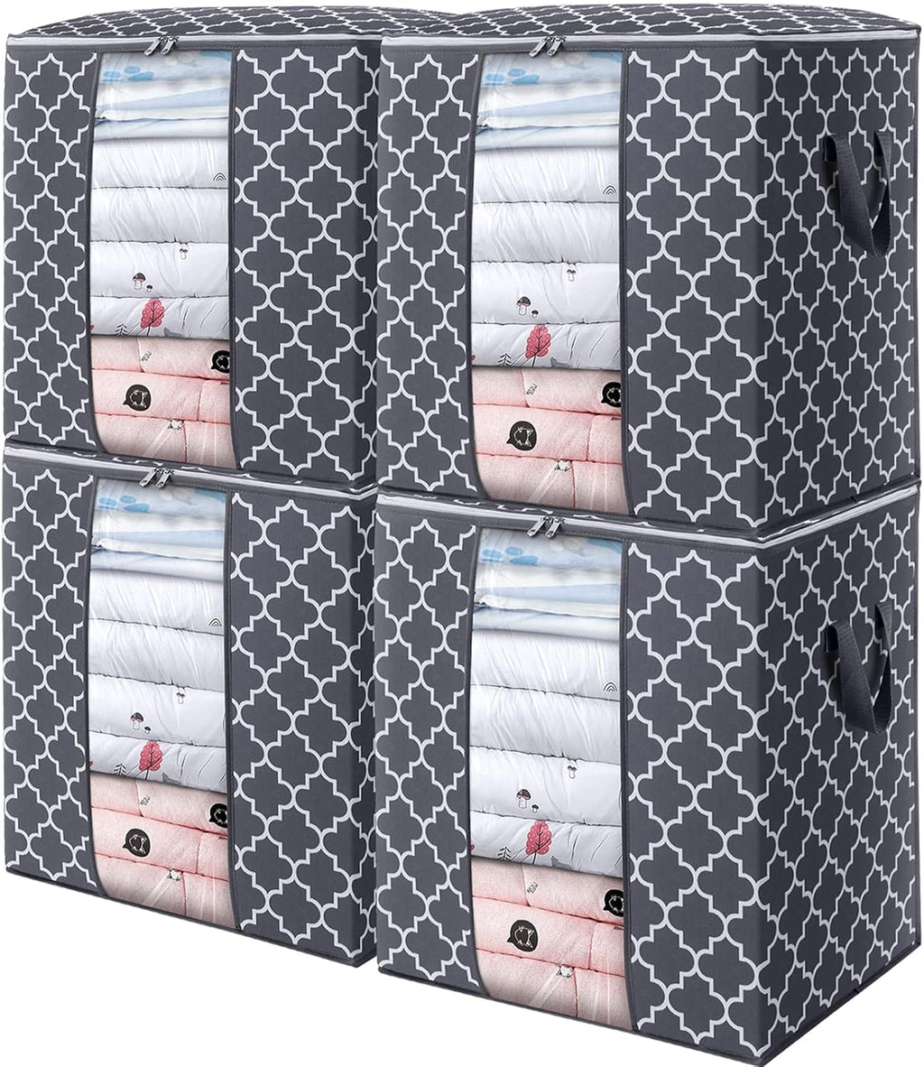 WISELIFE Storage Bags 4 Pack/100L Large Blanket Clothes Organization and Storage Containers for Comforters,Bedding, Foldable Organizer with Reinforced Handle, Clear Window, Sturdy Zippers,Gray