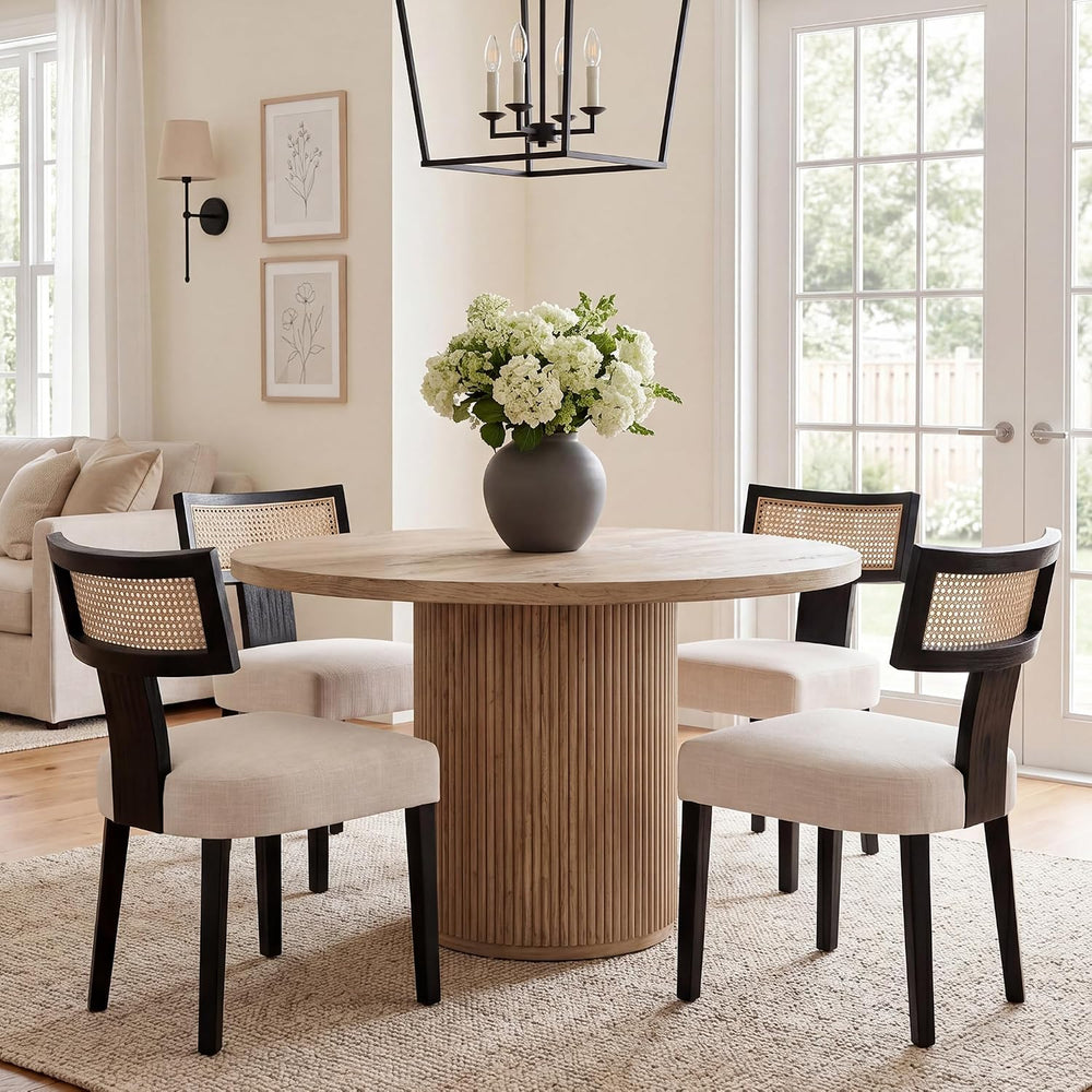 HNY Mid Century Modern Rattan Dining Chairs Set of 4, Farmhouse Linen Upholst...