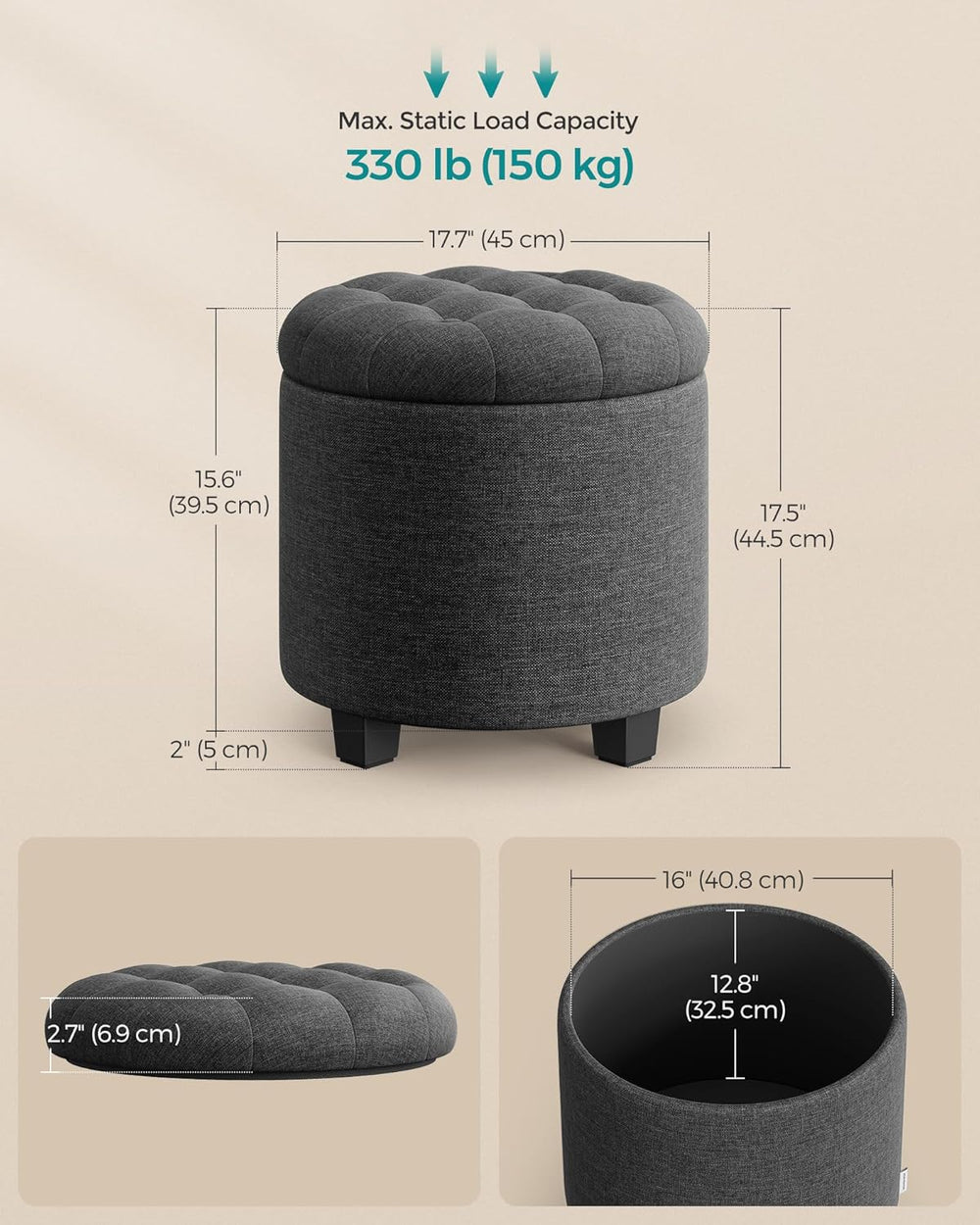 SONGMICS Round Ottoman with Storage, Vanity Stool, Linen-Look Fabric | Uphols...