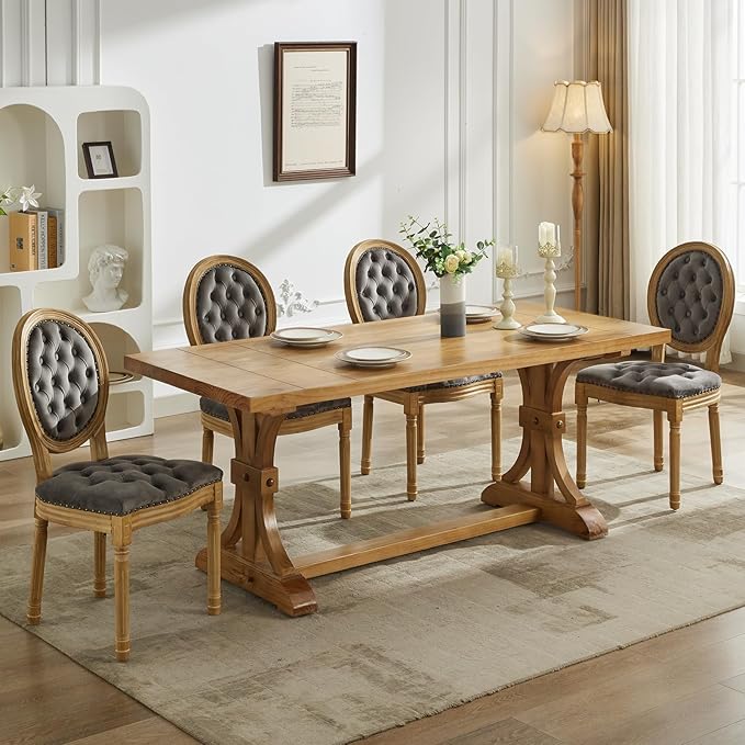 French Country Dining Chairs Set of 2, Gray Kitchen & Dining Room Chairs, Velvet Kitchen Chairs, Tufted Upholstered, Wood Legs, Sillas De Comedor (Velvet, Grey, 2 Pcs)
