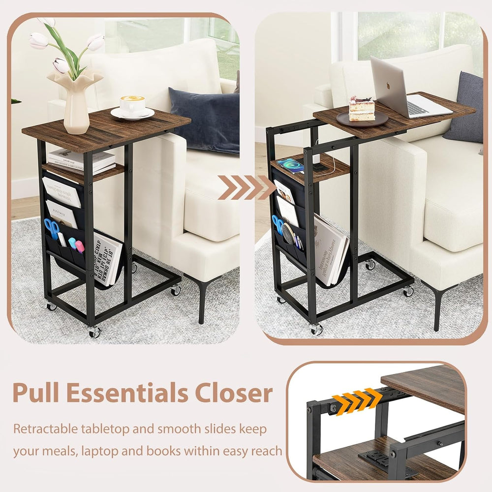 Giantex C Shaped End Table with Charging Station, 27’’H Slide Under Couch Sid...