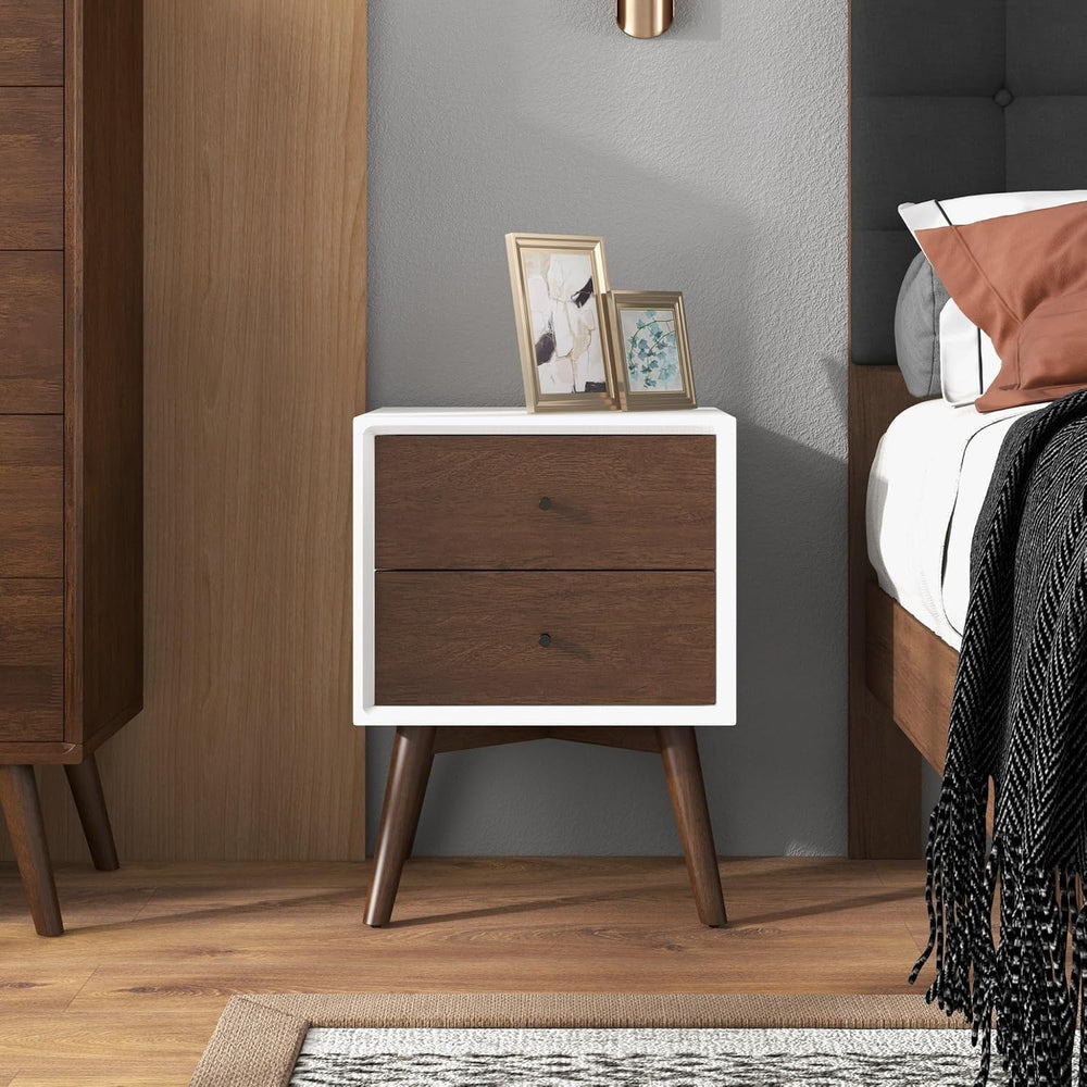 Mid Century Modern Style 2-Drawer White Night Stand Solid Wood 23.6" H,f...