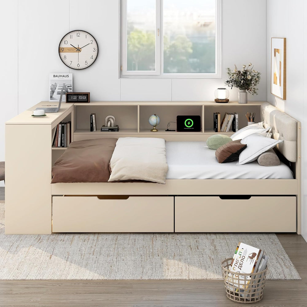 Tidyard Wood Full Size Platform Bed with Storage Shelves Drawers and USB Char...