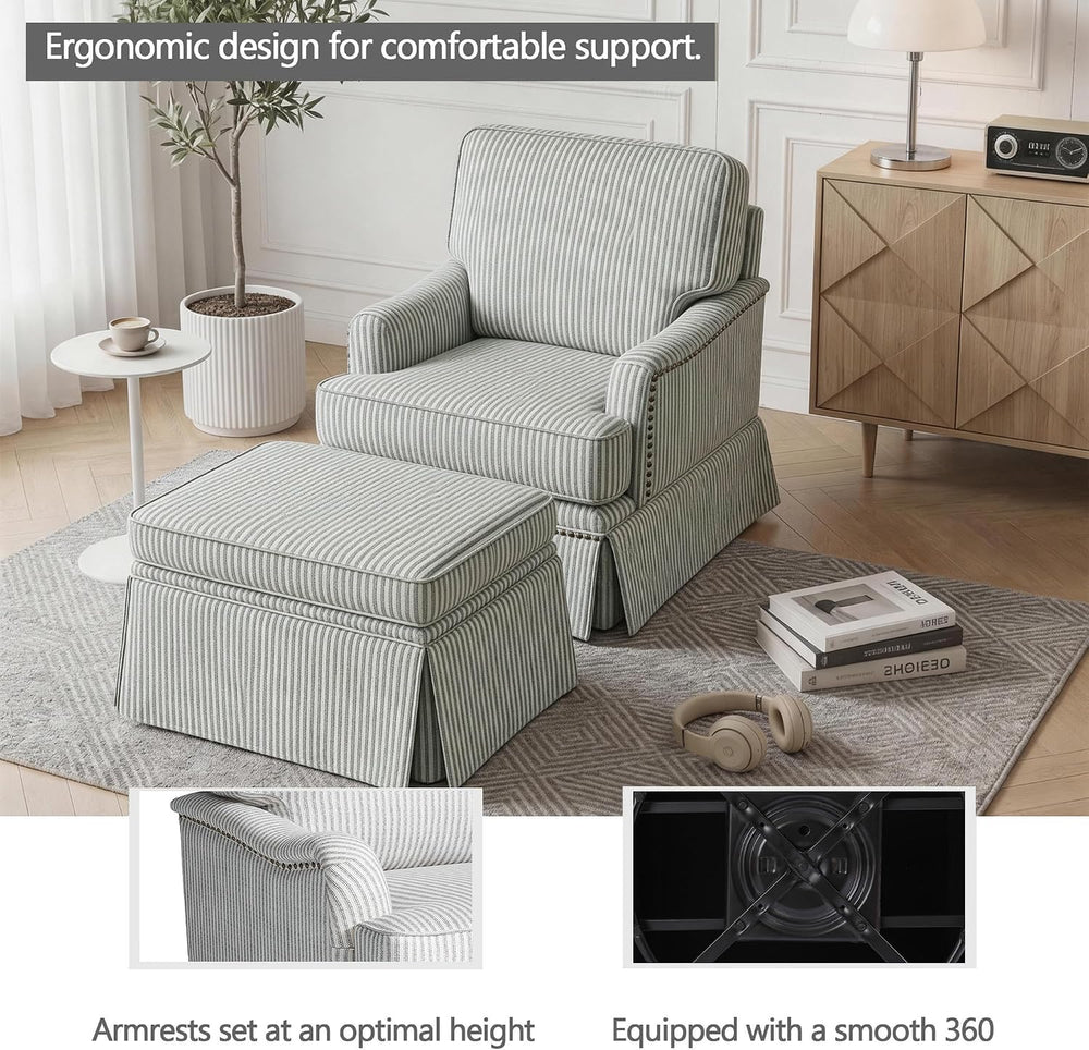 Swivel Accent Chairs Set of 2 with Ottoman, Pinstripe Green