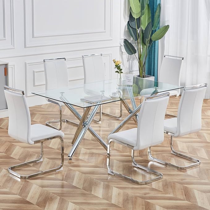 AZmac Modern Leather Dining Chairs Set of 6,Armless Kitchen Chairs,Dining Room Chairs with Upholstered Padded Seat and Sturdy Chrome Legs for Dining Room,Kitchen (Set of 6, White+PU Leather)