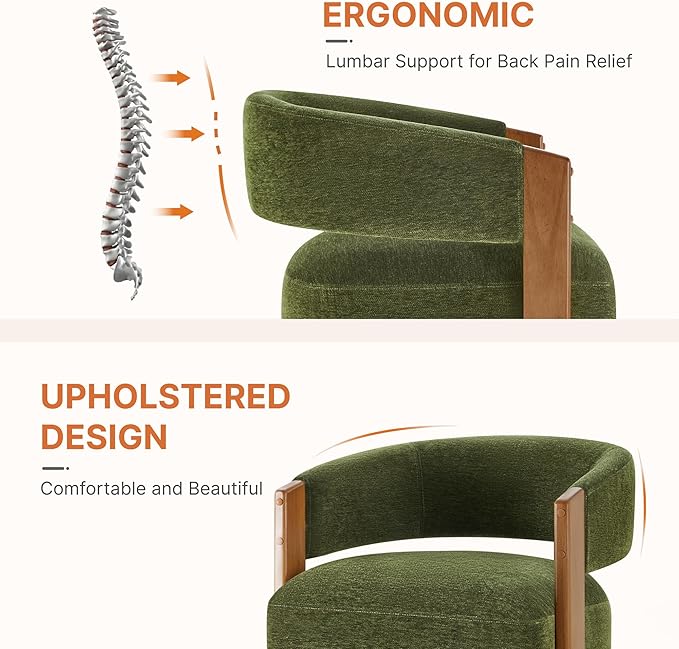Upholstered Dining Chairs with Casters, Modern Barrel Side Armchair with Rollers & Wooden Armrest for Dining Room, Bedroom, Kitchen, Reading Room, Green, Set of 2