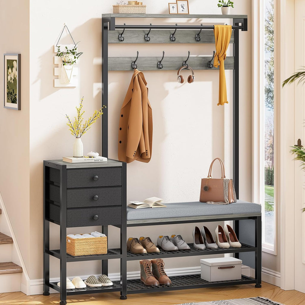 Itaar Coat Rack, Hall Tree with Bench and Shoe Storage, 7-in-1 Entryway Bench with Soft Cushion, Storage Bag, 3 Fabric Drawers(Grey)