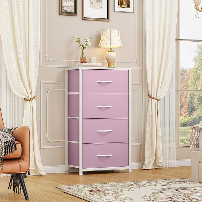 DWVO Storage Drawer with 4 Drawers - Fabric Dressers, Dresser for Bedroom, Living Room, Closets - Sturdy Steel Frame, Wooden Top & Easy Pull Fabric Bins