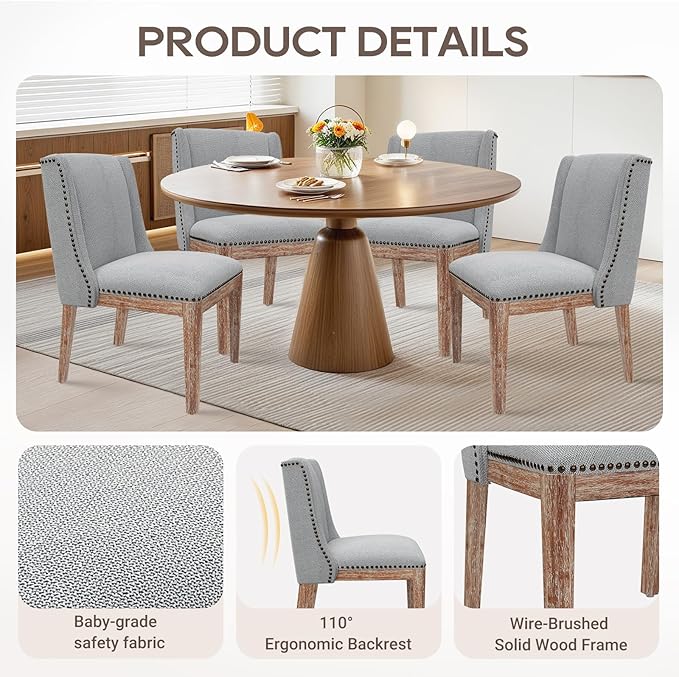 Dining Chair Set of 4, Fabric Upholstered Kitchen Side Chairs with Wooden Legs for Kitchen & Restaurant Use, LightGrey