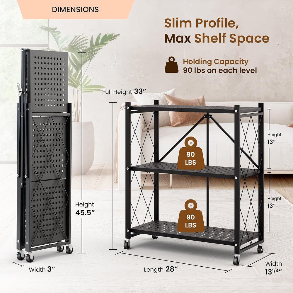 3-Tier Foldable Storage Shelf with Wheels | Metal Rack Collapsible Shelving D...