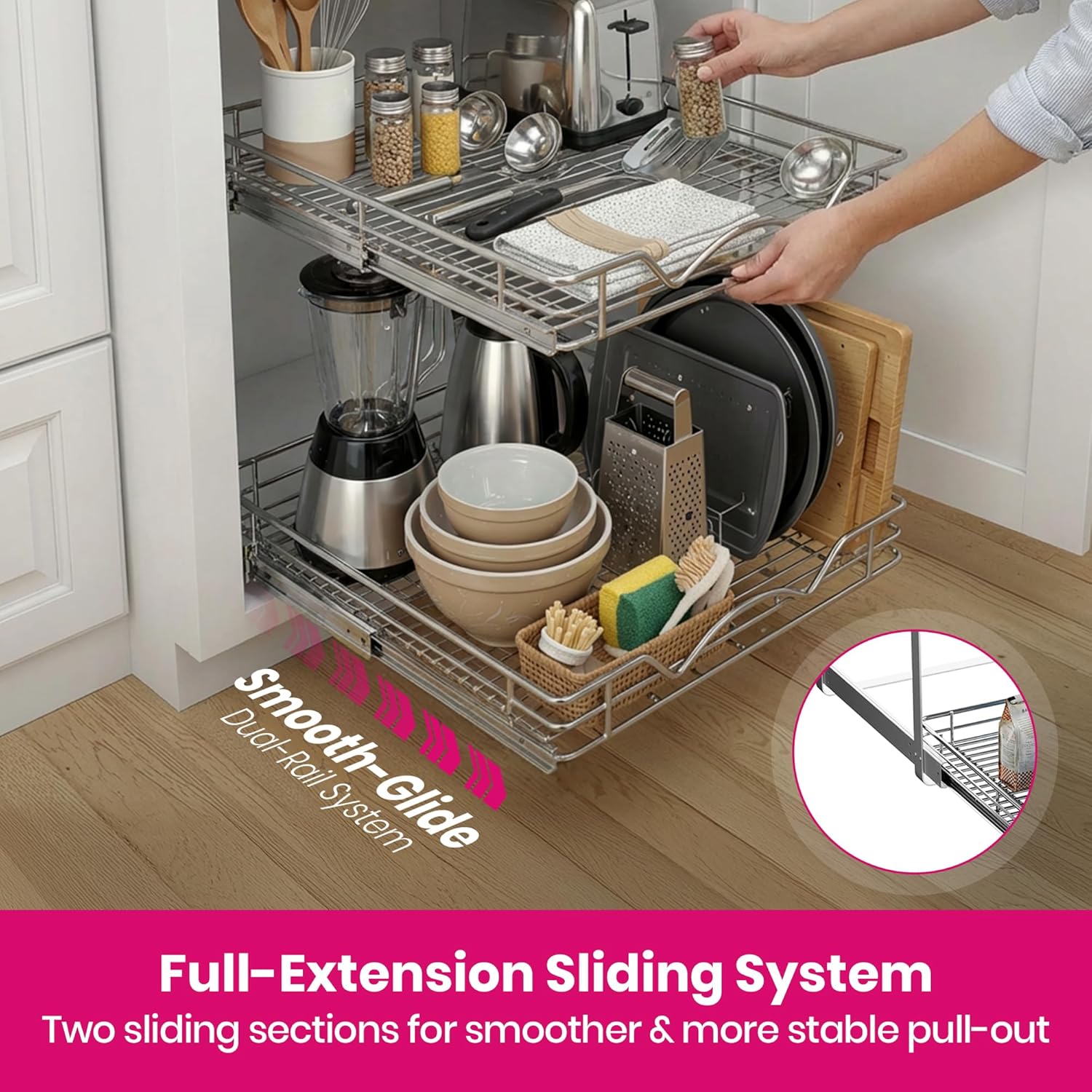 2-Tier Pull-Out Cabinet Organizer for Kitchen, 22" W x 21”D x 16.5" H | Full-Extension Sliding Shelves, Holds 100 lbs, Easy Install for Kitchen, Pantry & Under Sink Cabinets