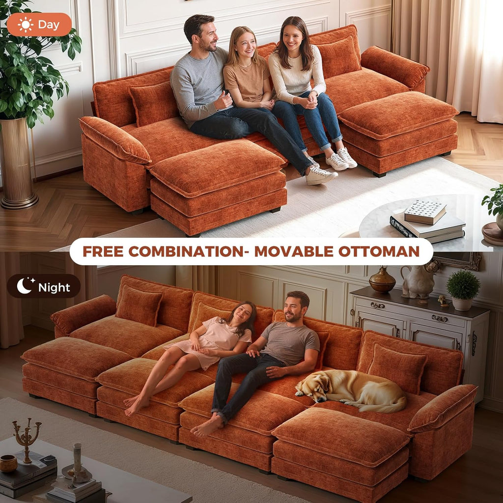 120" Oversized Modular Sectional Sofa, Comfy U-Shaped Cloud Couch w/ 2 Movable Ottoman, 5-Seater Chenille Deep Seat Modern Sofa Couch for Living Room, DIY Combination, Terracotta Orange