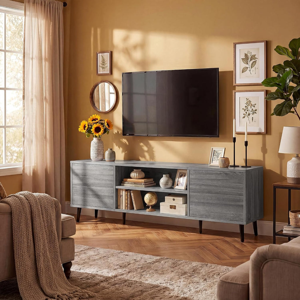 JUMMICO Mid-Century Modern TV Stand for 65-70 Inch TVs, 63 Inch Media Console with Storage, Entertainment Center with Push-Open Cabinets and Cable Management for Living Room (Grey, 63 Inches)