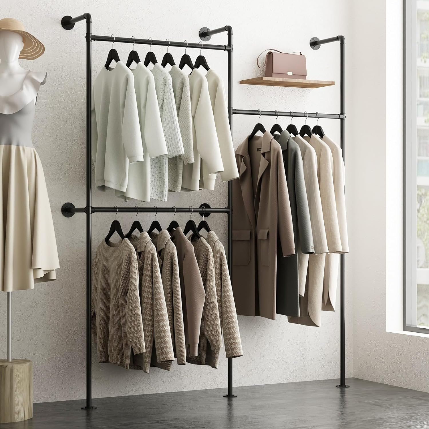 Industrial Pipe Clothing Rack Wall Mount, Black Pipe Clothes Rack with 3 Hanging Rods, Heavy Duty Pipe Clothing Rack for Laundry Room, Closet Systems for Walk in Closets