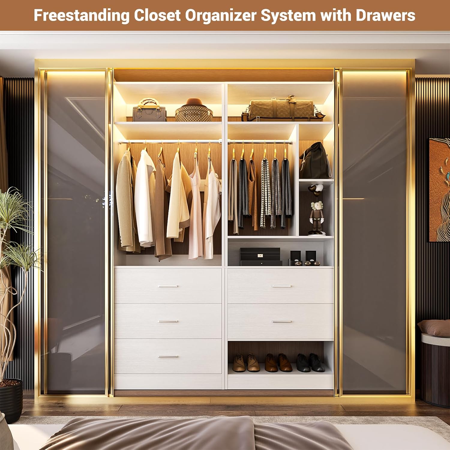 Besiost 4FT Closet Systems with 5 Drawers, 48" Closet Organizer System | Wood Closet Organizer with 2 Hanging Rods & 7 Shelves, Heavy Duty 48" Walk-in Closet for Nusery, White (48"L x 15" W x 80" H)